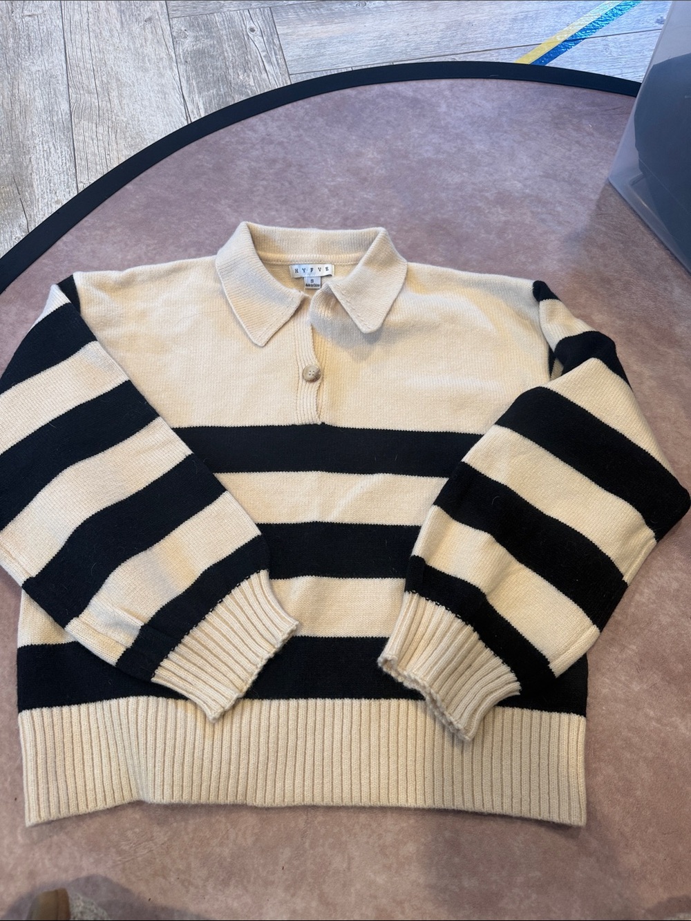 HYFVE Beige and Black Striped Crewneck Polo Sweater